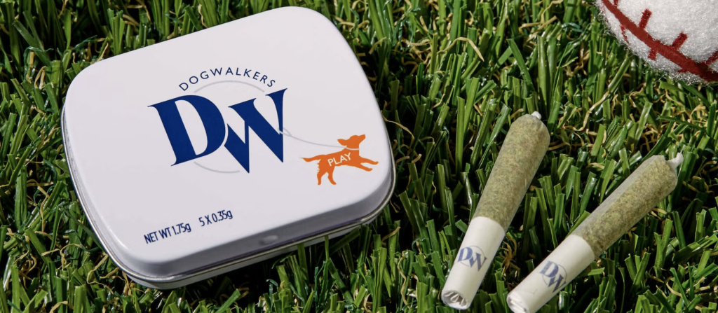 Dog Walkers packaging with two mini cannabis pre rolls on top of grass surface