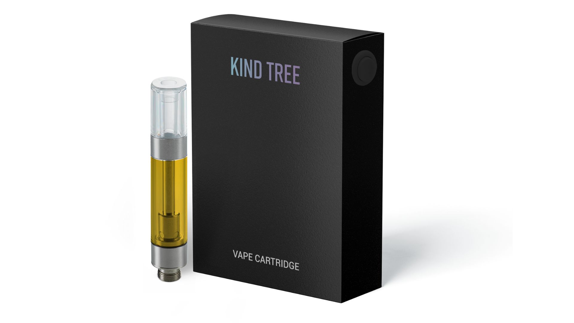 A Kind Tree vape cartridge stands next to its packaging. The package is all black with the words "Kind Tree" at the top. The cartridge is filled with an amber-colored liquid.