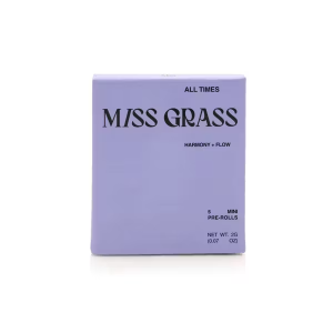 Purple package of Miss Grass All Times prerolls. 