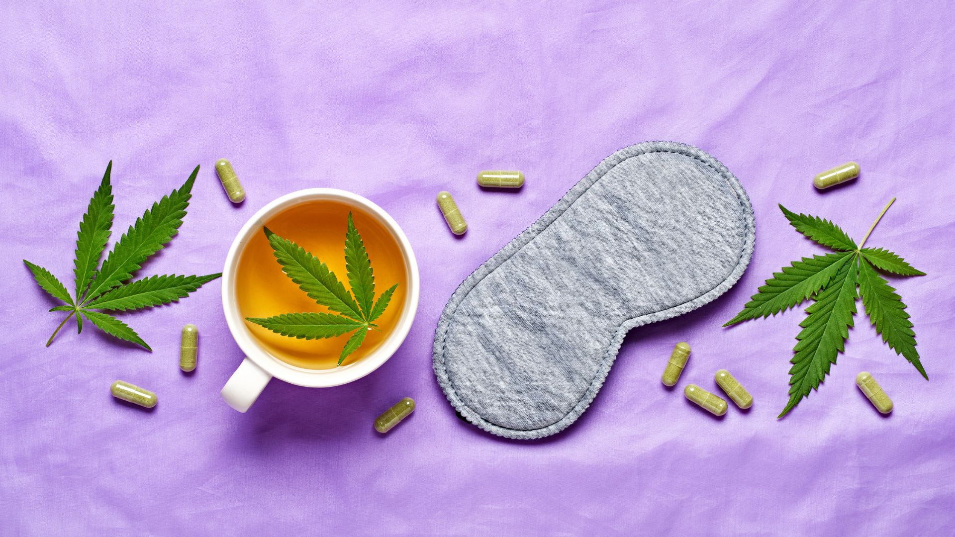 Cannabis capsules with a Sleeping mask and calming tea drink.