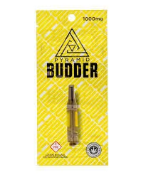 Pyramid Budder 1000mg live resin vape cartridge in bright yellow packaging with a THC warning label.